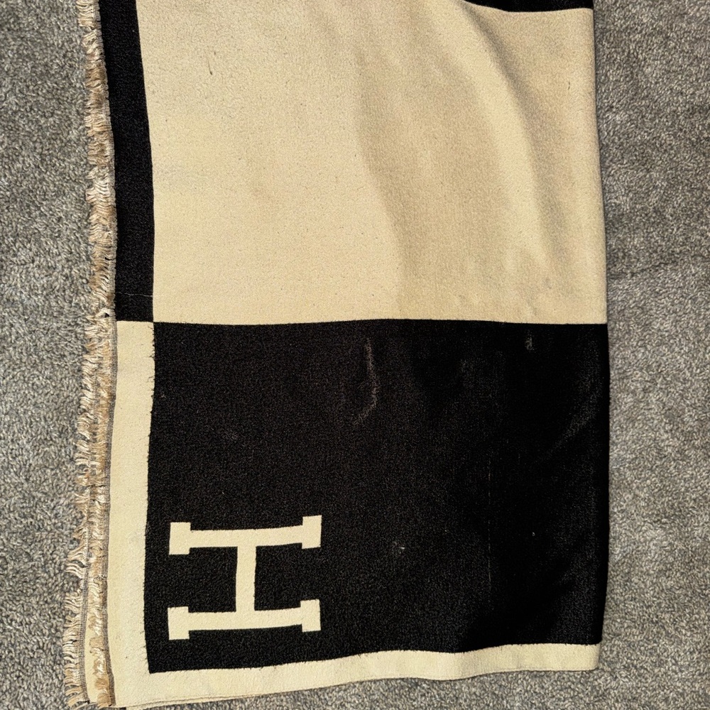 Hermes Black and Cream Scarf with Iconic Logo